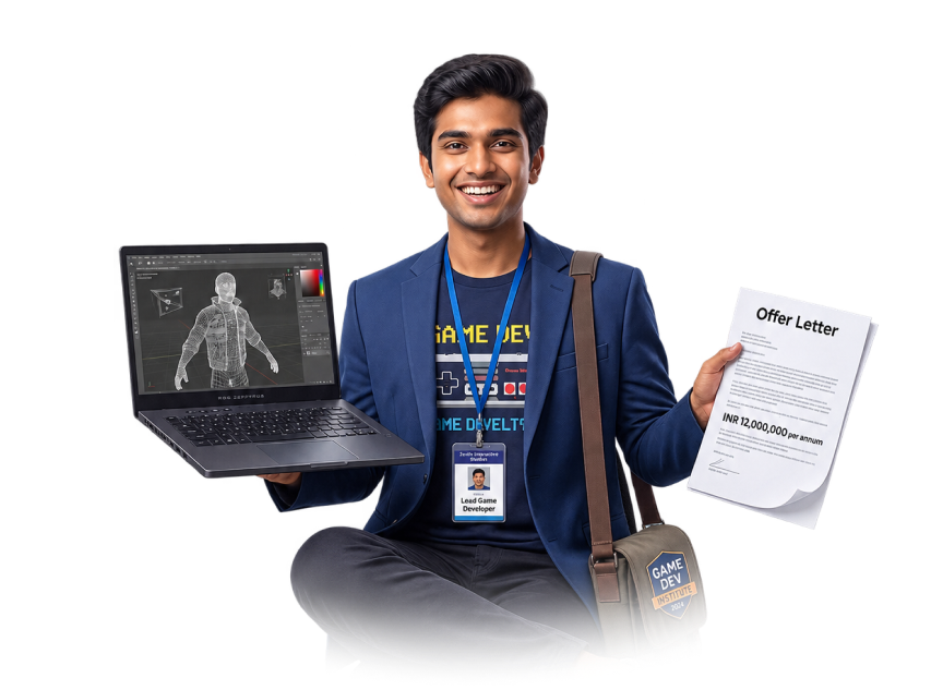 Student holding a laptop with a job offer letter